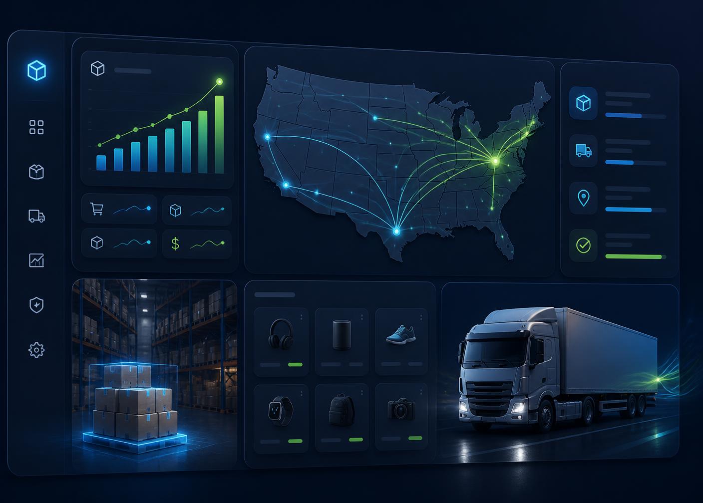 Dropar Brand BD warehouse dashboard showing US shipping routes, live order analytics, and same-day fulfillment